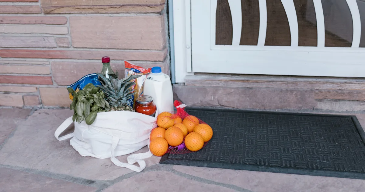 Bag of fresh groceries and fresh oranges delivered to a front doorstep